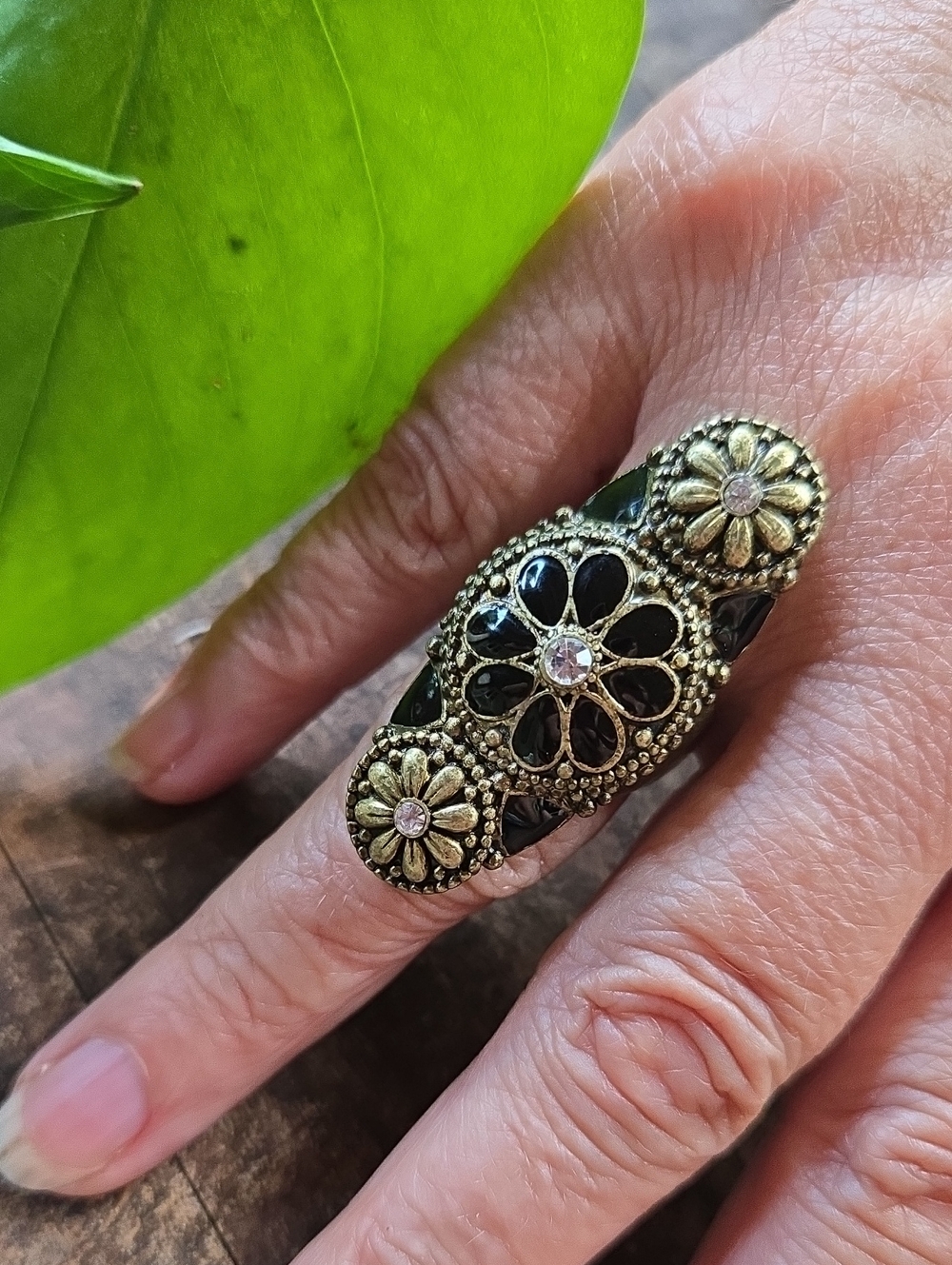 Vintage-Inspired Black and Gold Floral Statement Ring